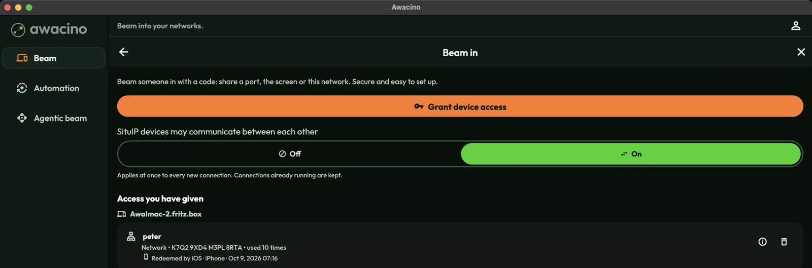 Beam in: create codes and see the access you have given.