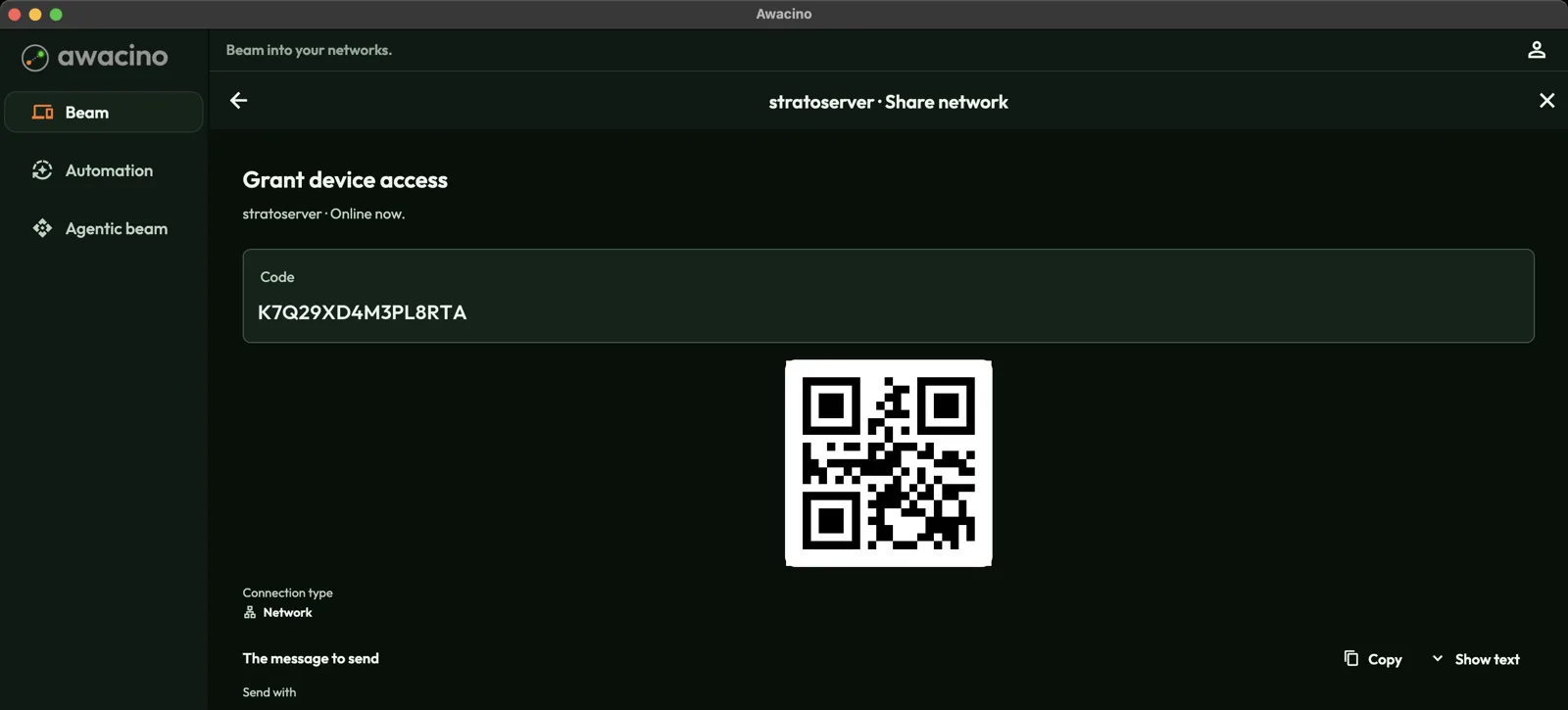 Your new code, as text and as QR code.