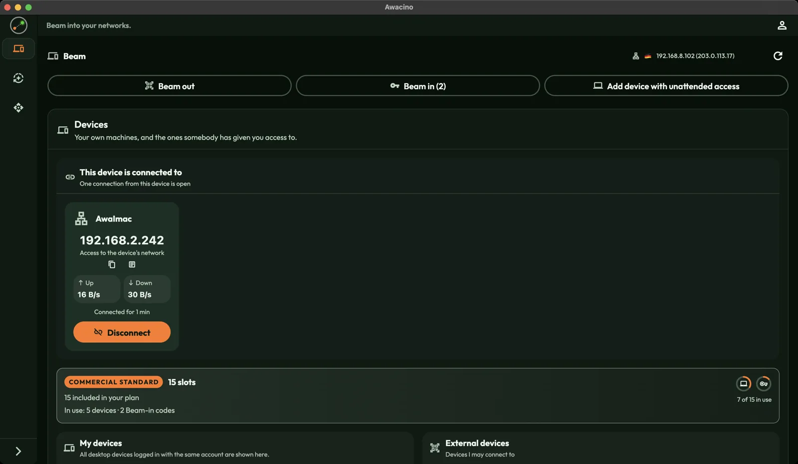 An active connection on the Beam page.