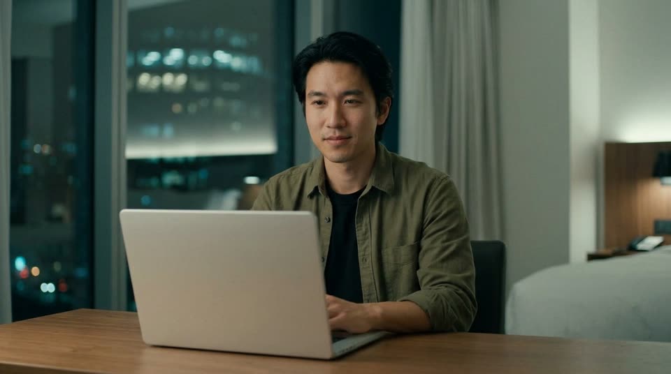 Ben in a hotel room with his laptop