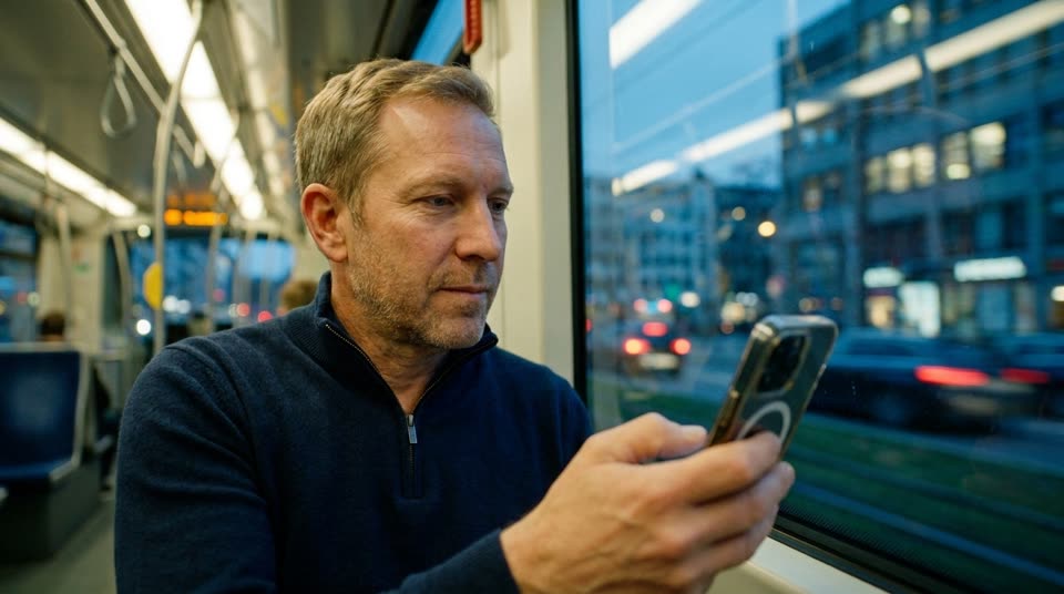 Hans in a tram, looking at his phone
