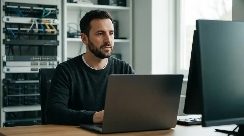 Jonas, ein IT-Partner, an seinem Schreibtisch