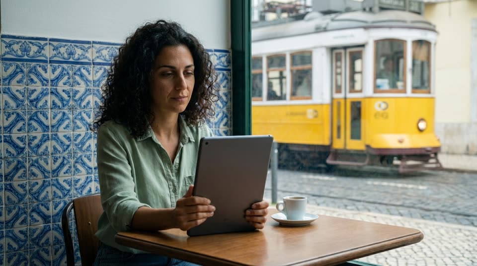 Olga in a Lisbon café with her tablet