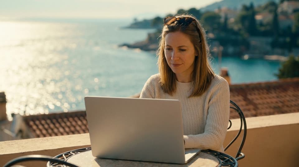 Rita on a hotel terrace by the sea with her laptop