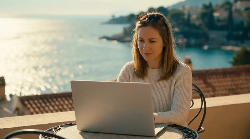 Rita mit ihrem Laptop auf einer Hotelterrasse am Meer